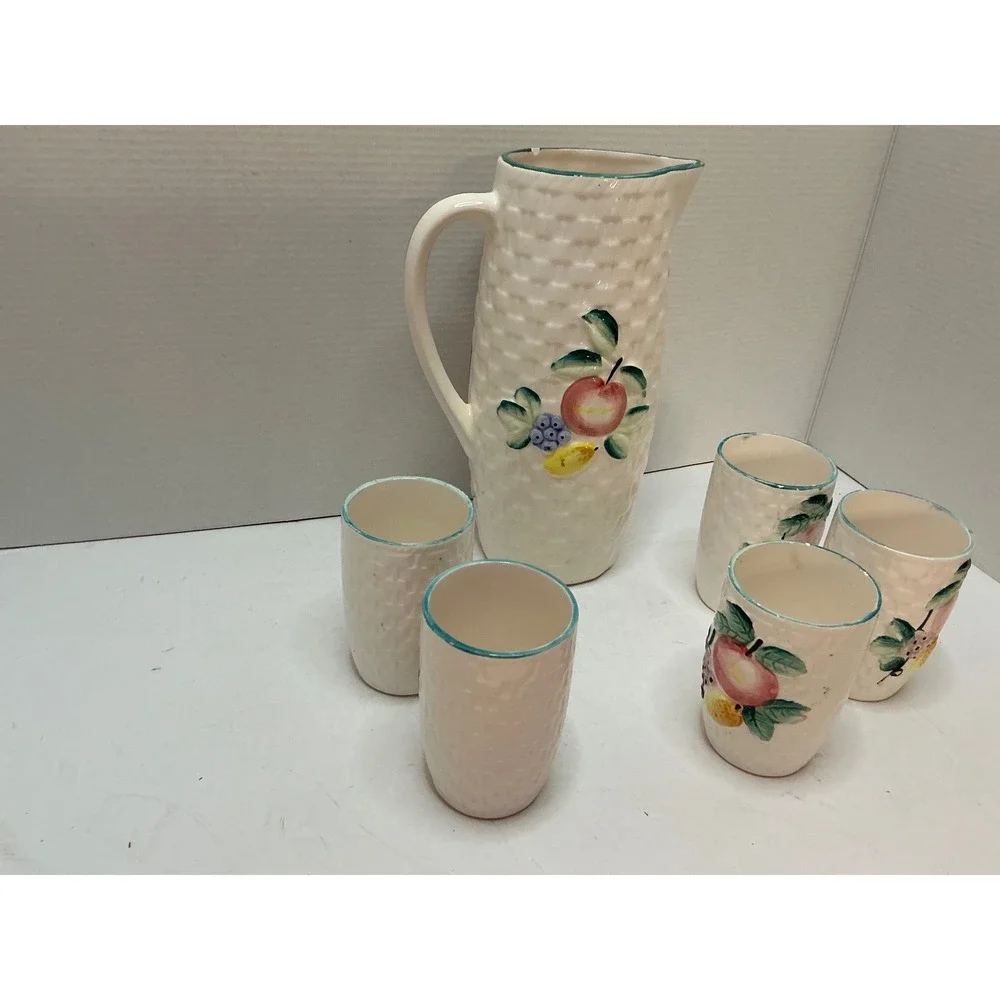 Vintage‎ Pitcher and 5 Cup Set Fruit Basketweave Ceramic Tropical Cream